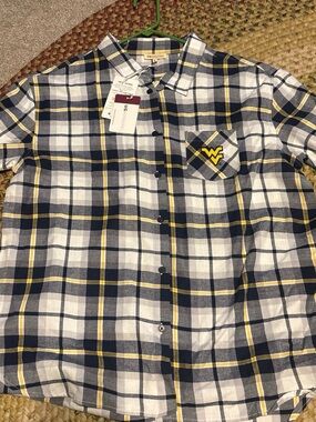 WVU Plaid Button-Down Shirt - Navy, White & Yellow - Women